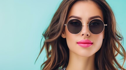 Naklejka premium Stunning closeup of a woman with wavy hair and retro sunglasses, showcasing chic style and vibrant pink lipstick.