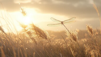 Dragonfly in Sunlit Field of Golden Grass