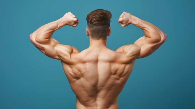 A strong bodybuilder flexes his impressive biceps from a back view, showcasing strength against a dark backdrop.