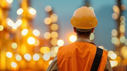A silhouette of an engineer stands against the backdrop of an oil refinery, capturing the essence of industry at dusk.