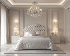 A serene grey bedroom features chic furniture and elegant details illuminated by soft lighting, creating a peaceful