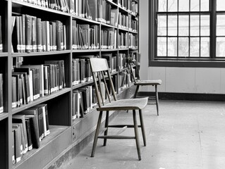Abandoned library space with empty chairs and bookshelves