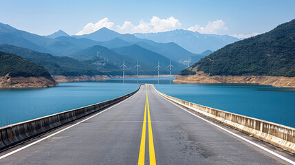 scenic view of road leading towards tranquil lake surrounded by mountains, with wind turbines visible in distance. landscape evokes sense of peace and harmony with nature