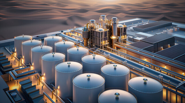 solar powered desalinization plant in desert landscape showcases advanced technology for water purification. facility features large storage tanks and industrial structures, reflecting innovation and