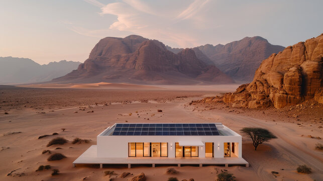 modern solar powered desalinization plant stands in vast desert landscape, surrounded by majestic mountains and sandy terrain. structure showcases sustainable architecture and innovation