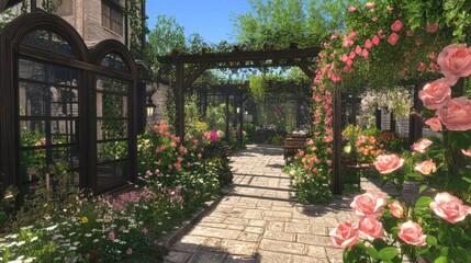 Fototapeta premium Serene Garden Pathway with Blooming Roses