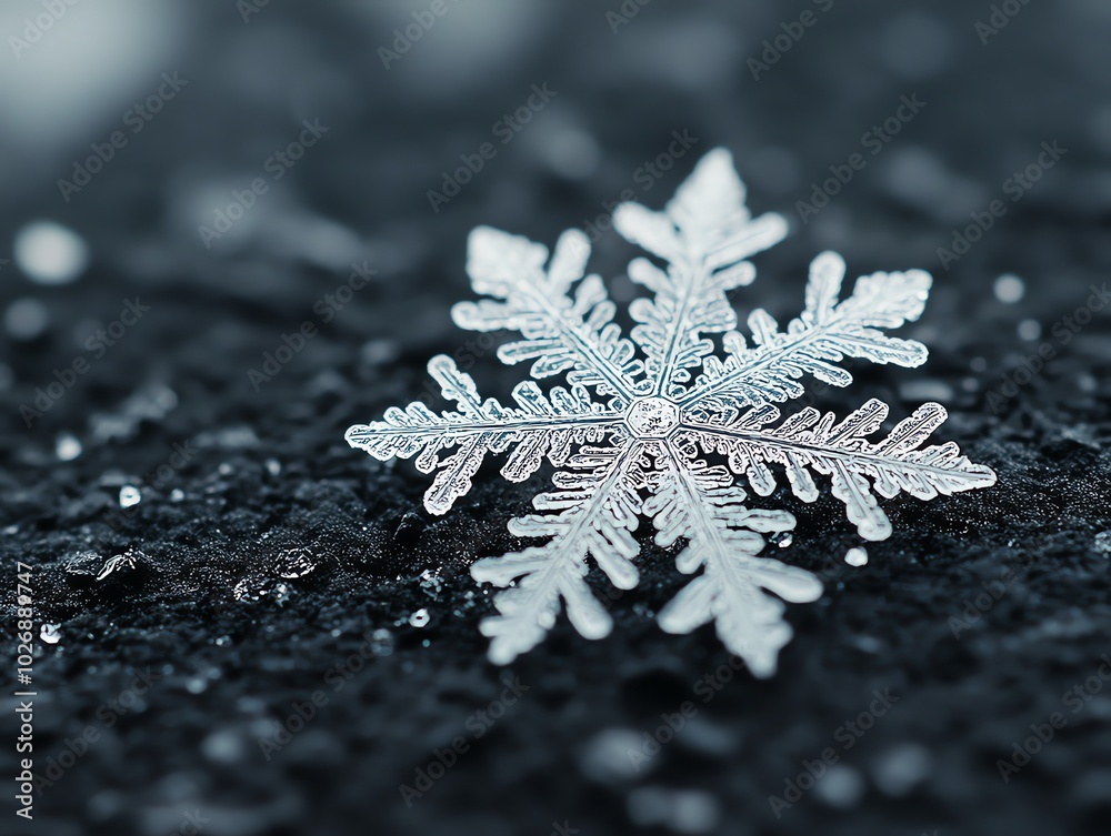 Poster A delicate snowflake with intricate details rests on a dark background.