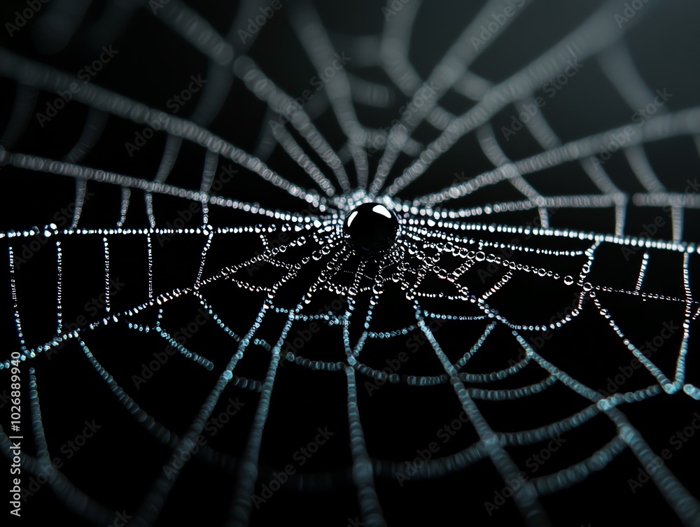 Poster a close-up of a spider web with a single water droplet in the center, glistening in the light.