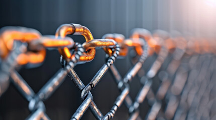 close up view of chain link fence, showcasing intricate details of metal links and their connections. warm light highlights texture and strength of fence, evoking sense of security and durability