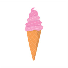 Vector illustration of cone ice cream in cartoon flat style. Colorful ice cream set.Tasty summer dessert.Ice-cream scoop and waffle cone with different toppings.
