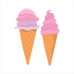 Vector illustration set of ice cream in cartoon flat style. A set of ice cream on a stick, in a waffle cup, a cone. Fruit, colorful. Decor for children room, posters, stickers, wrapping paper, fabric