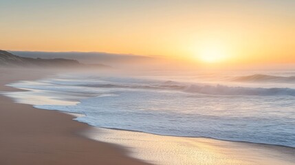 Obraz premium Mist-shrouded Portuguese beach at sunrise.