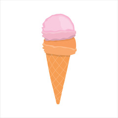 Vector illustration of cone ice cream in cartoon flat style. Colorful ice cream set.Tasty summer dessert.Ice-cream scoop and waffle cone with different toppings.