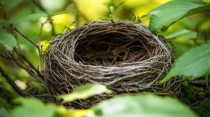 Empty Bird Nest Amidst Vibrant Green Foliage