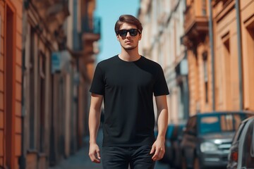 A man walking down the street in an urban setting, wearing a plain black T-Shirt, showcasing a centered logo design, t shirt mockup for design presentation, AI Generated