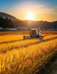 Obraz premium 広がる黄金色の田んぼで、農家が稲を刈り取っている。稲穂が太陽の光を眺めて輝き、コンバインが規則的に動きながら稲を刈る音が聞こえる。 収穫の喜びと一年の成果を感じる瞬間