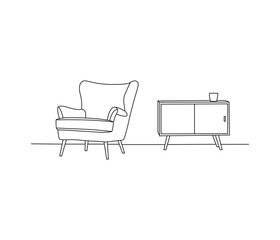 continuous one line drawing of sofa and floor lamp and table with plant. Modern interior design simple Linear style. furniture vector illustration