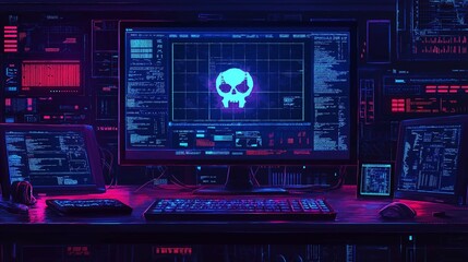 Obraz premium Dark Digital Workspace with Malware Alert