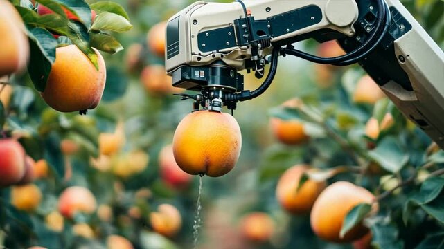 A robotic arm harvesting ripe fruits from a tree in an orchard, demonstrating precision and efficiency in modern farming Close-up photo with clean background