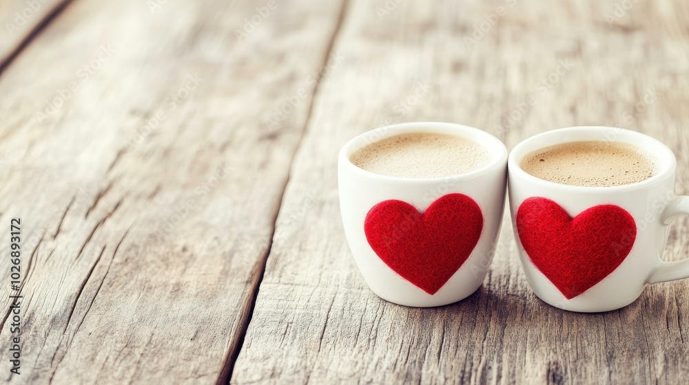 Poster Enjoy warm vibes with cozy coffee cups adorned in red hearts, perfect for sharing love in a rustic cafe atmosphere.