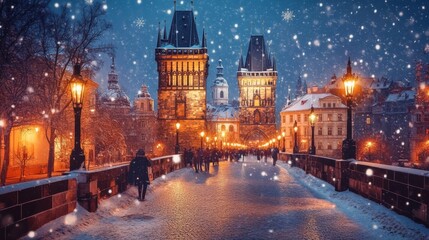 Obraz premium Gothic castle in Prague with bridge at night