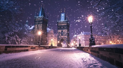 Obraz premium Colorful Prague castle and bridge in the snow