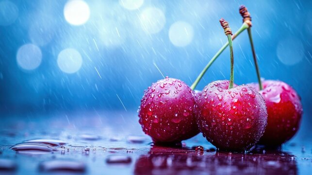 Delight in the vivid allure of fresh cherries, glistening with water droplets on a rustic wooden tablea summer treat