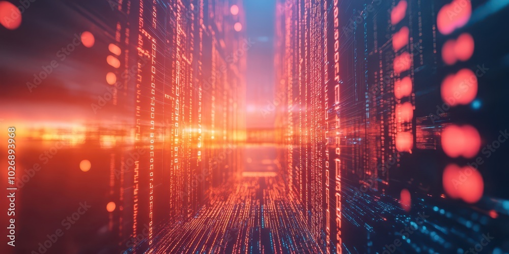 Poster cascading binary code in a futuristic digital environment a visual exploration of technology and its