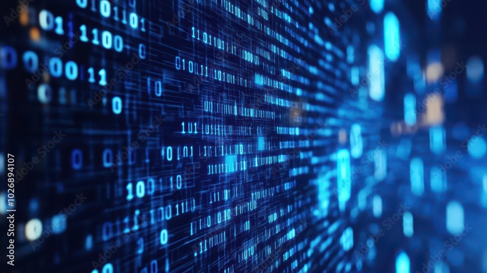 Poster abstract blue digital binary data flowing on computer screen background