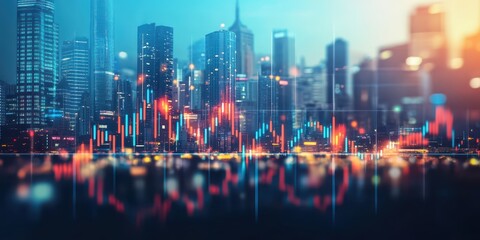 Obraz premium Blurred Background of Stock Market Business Concept with Financial Graphs and City Skyline