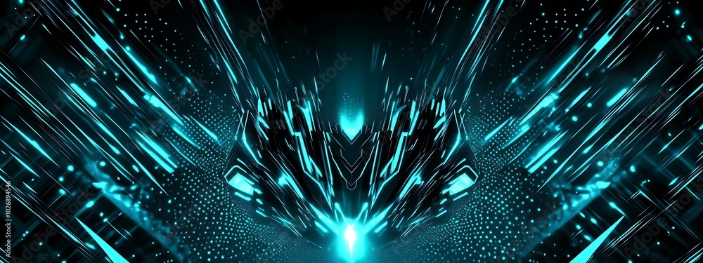Poster abstract glowing blue digital lines and dots forming a symmetrical shape on black background.