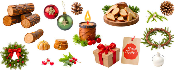 Christmas Elements Collection: Festive Ornaments, Wreath, Candles, Wood, and Gifts 