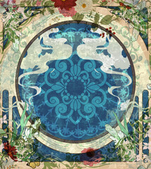 red flower, blue decoration and smoke art-nouveau BG