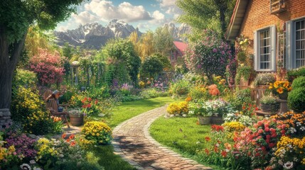 Vibrant Garden Pathway with Scenic Mountain View