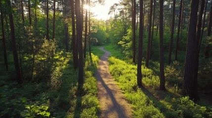 Obraz premium Serene Forest Path Bathed in Golden Sunlight