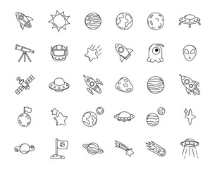 Space Icons Collection. Doodle Space Elements. Space vector, planet, rocket, ufo