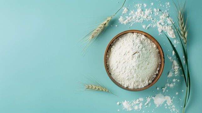 Atta flour on wooden bowl gluten free for cooking copy space blue background