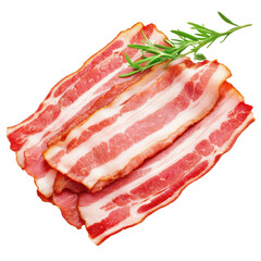 Obraz premium Sizzling strips of beef bacon on a clean white backdrop, showcasing their savory appeal and mouthwatering texture.