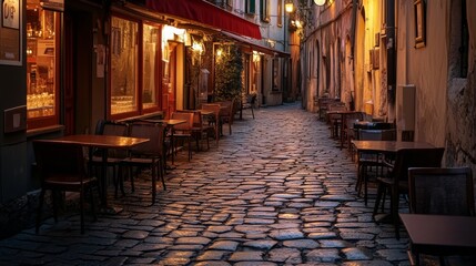 Fototapeta premium Lonely cafe in Italy, dawn during quarantine.