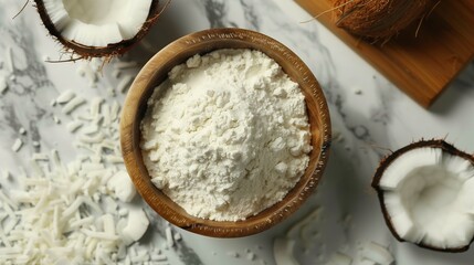 Coconut fruit flour on wooden bowl gluten free for baking flat lay view