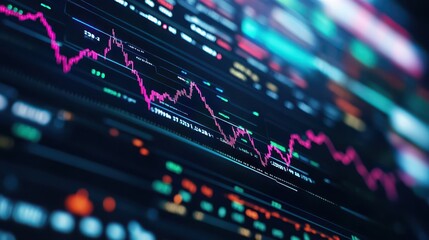 Obraz premium Closeup of a Digital Screen Displaying Financial Stock Market Trends and Data Analysis