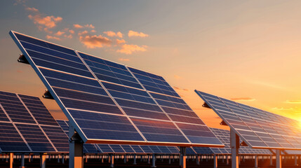 Expansive view of solar farm with rows of solar panels reflecting warm sunset. scene captures harmony between technology and nature, showcasing renewable energy