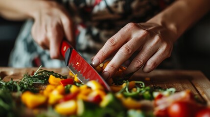 Obraz premium Woman's hands use red knife to cut yellow paprika.