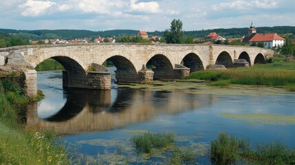 Fototapeta premium Oldest stone bridge in central Europe over River Otava, Pisek