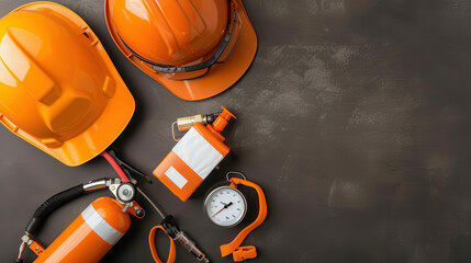 Safety helmets, fire extinguishers, and gauges are essential for workplace safety. This showcases collection of orange safety gear, emphasizing importance of protection in hazardous environments