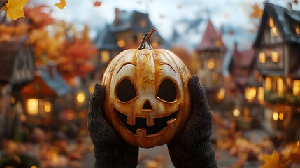 Naklejka premium Close-up of a person holding a funny Halloween mask, with a realistic scenic background of autumn leaves and decorated houses