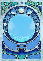 sea, ocean, blue and navy decoration art-nouveau, mucha style, antique, retro background image