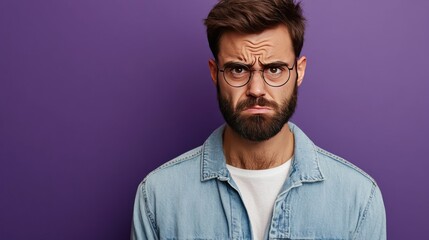 Obraz premium Man with beard frowns, unhappy.