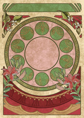 red flower, green and pink decoration art-nouveau, mucha style, antique, retro background image