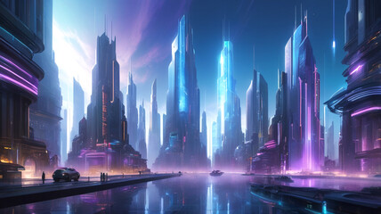 Obraz premium Futuristic High-Tech Utopian Cityscape in a Virtual Reality Universe – Sleek Skyscrapers, Neon Lights, and Glowing Circuitry